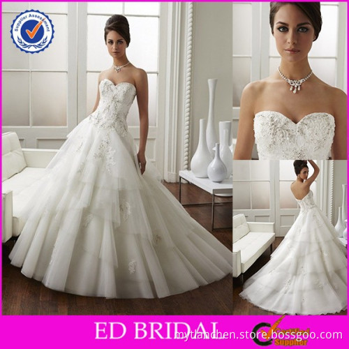 CE893 Sweetheart Strapless Backless Lace Bridal Dress Layers Train Expensive Wedding Gowns